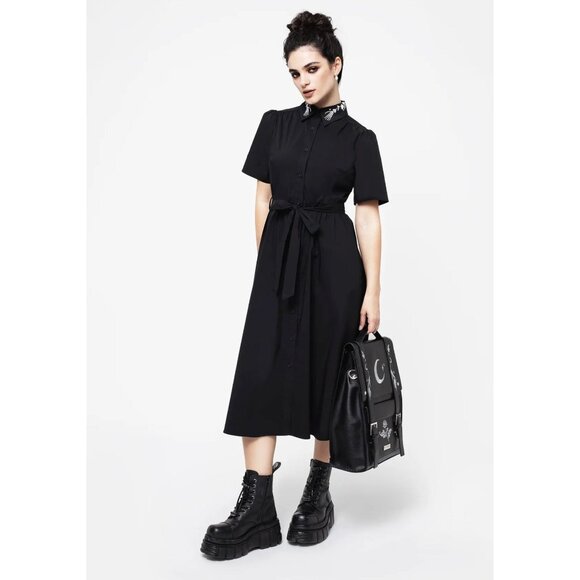 Disturbia Tempora Embroidered Midi Shirt Dress Skeleton Hand Belted Black US 12 - Picture 3 of 16